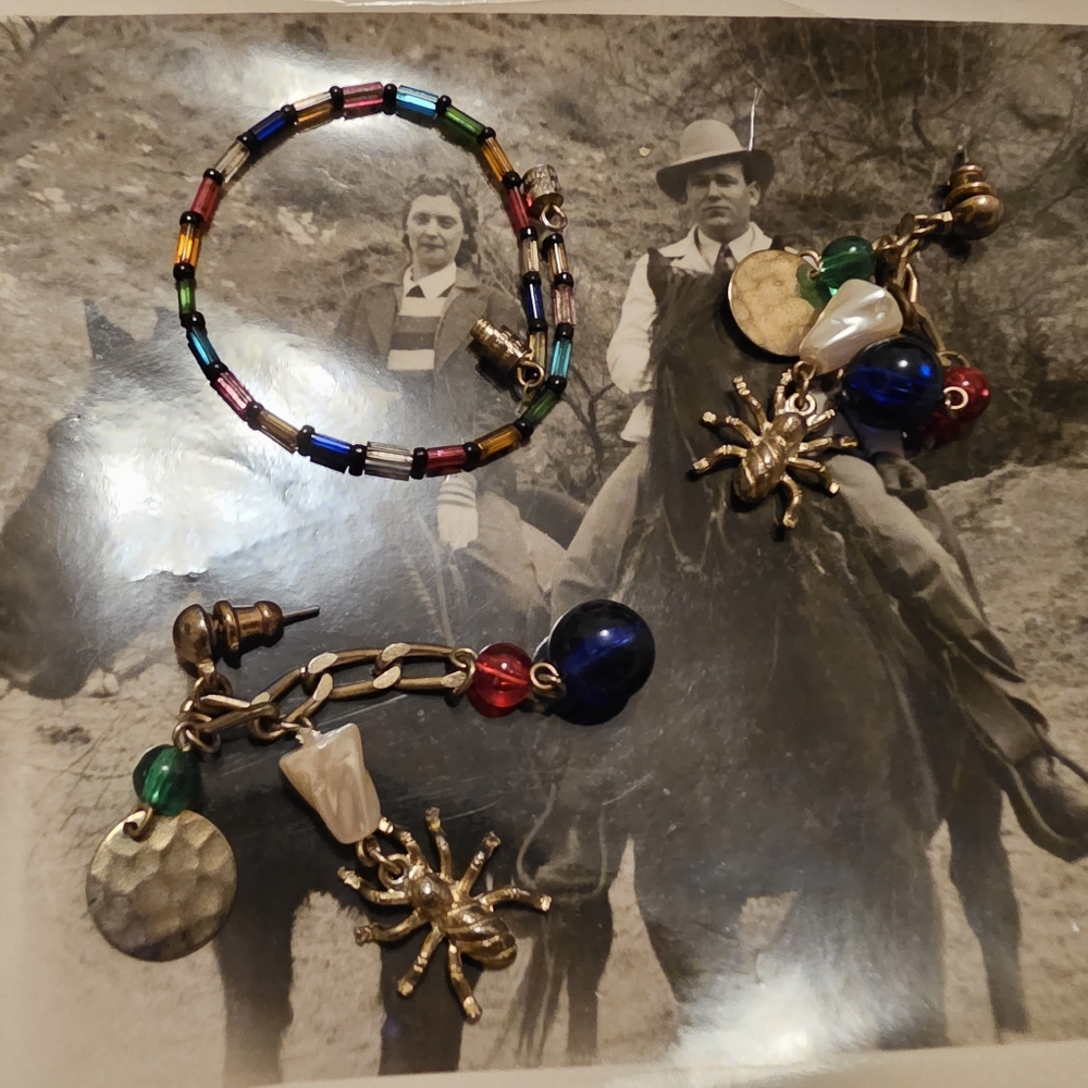 multicolored spider earring and bracelet set